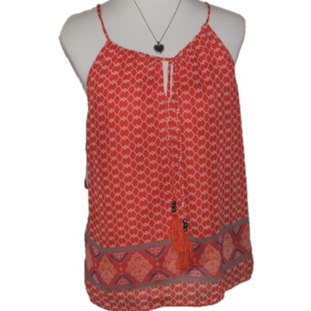 Orange Boho Inspired Sleeveless Tassel Blouse